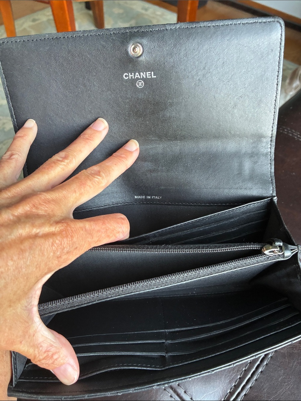 CHANEL Black Chevron Quilted Leather Wallet with Silver CC